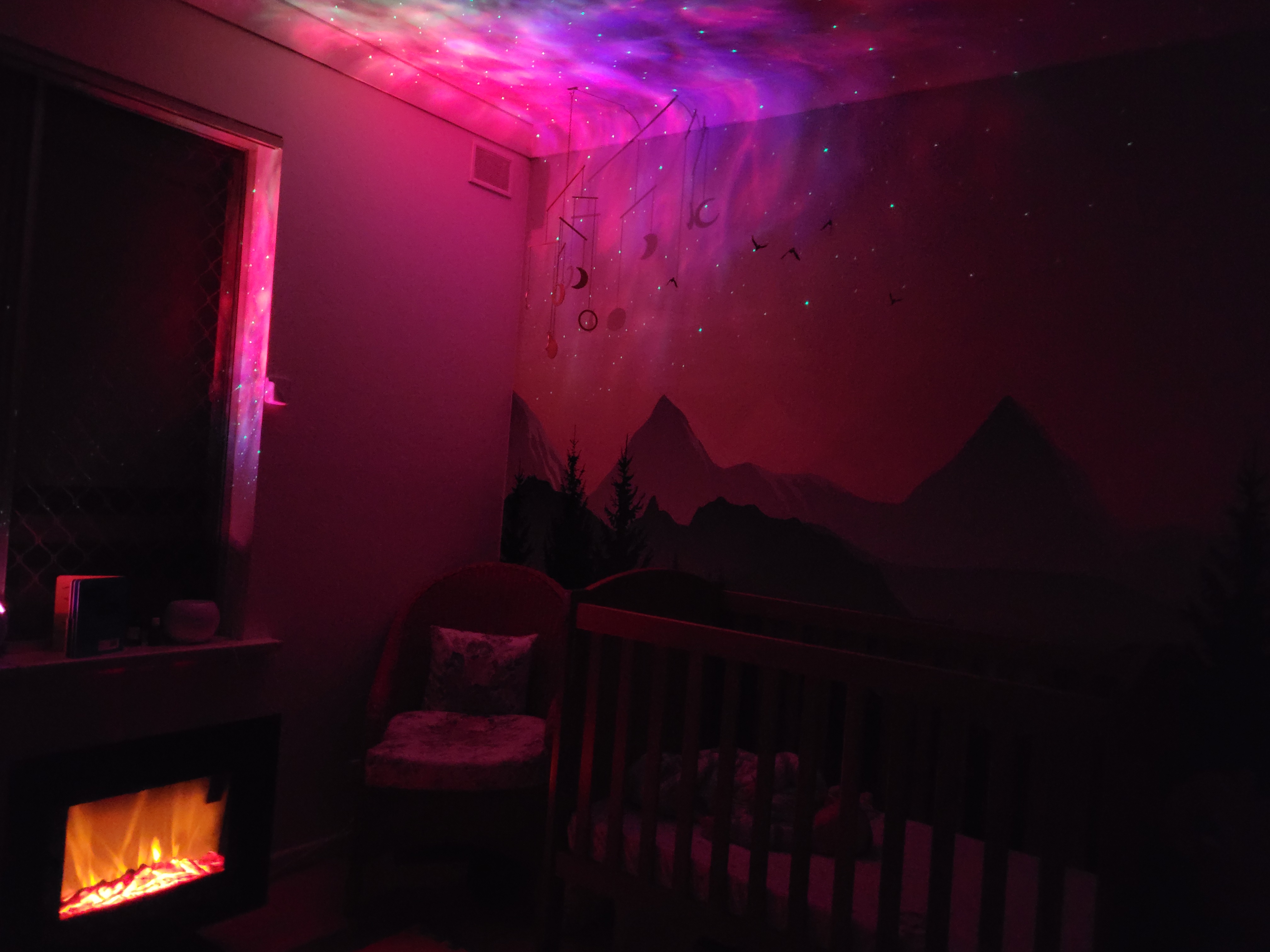 The bedroom set up at one point, we were trying anything including oscillating lights